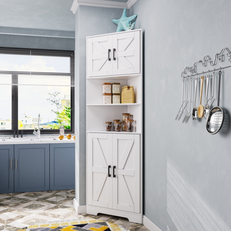Fonnie Farmhouse Corner Cabinet, 5-Tier Tall Storage with Barn Door & Shelves, Bathroom Cabinet