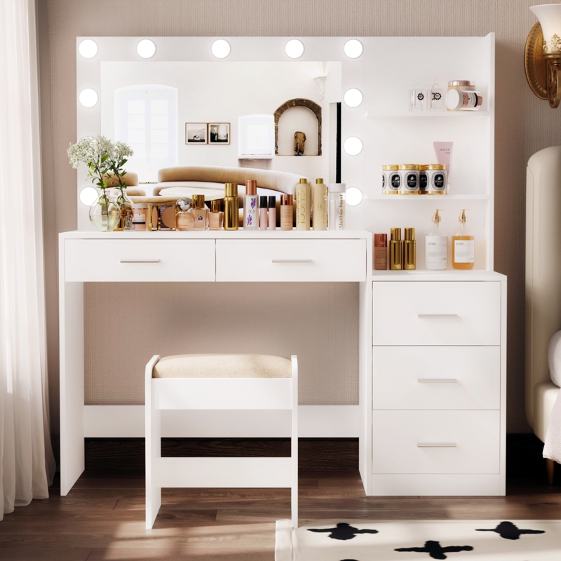 Freman Vanity Table Set, Makeup Vanity Desk with Lights and Mirror, Dressing Table