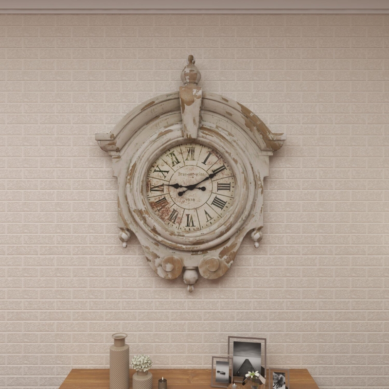 Golub Brown Fiberglass Carved Scroll Wall Clock with Distressing 34" x 6" x 44"