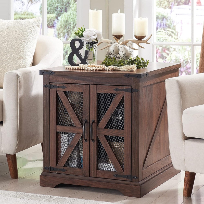 Gracie Oaks 25"H x 24"W Square Farmhouse End Table, with Charging Station and Barn Doors