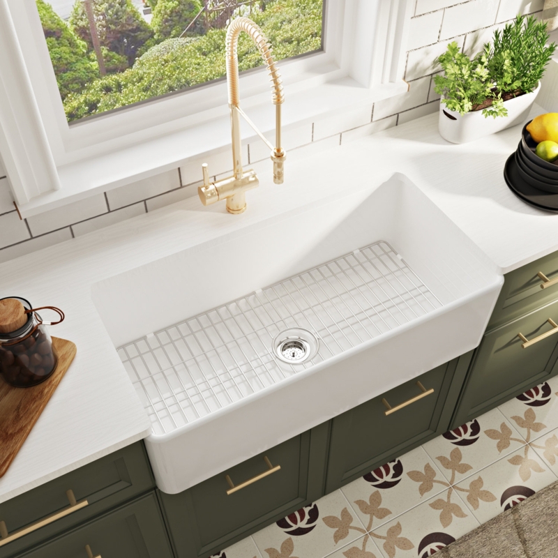 Grove White Fireclay Rectangular Single Bowl Farmhouse Apron Kitchen Sink with Grid and Strainer