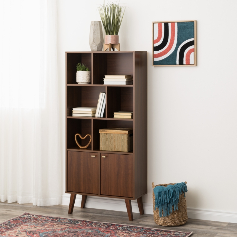 Guthmar Mid-Century Modern Bookcase With Six Shelves And Two Doors