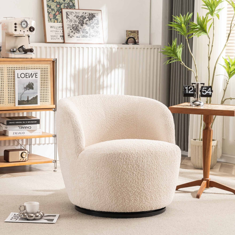 Hadriel 30" Upholstered Swivel Chairs, Boucle Fabric Swivel Barrel Chair, Small Space Barrel Chair
