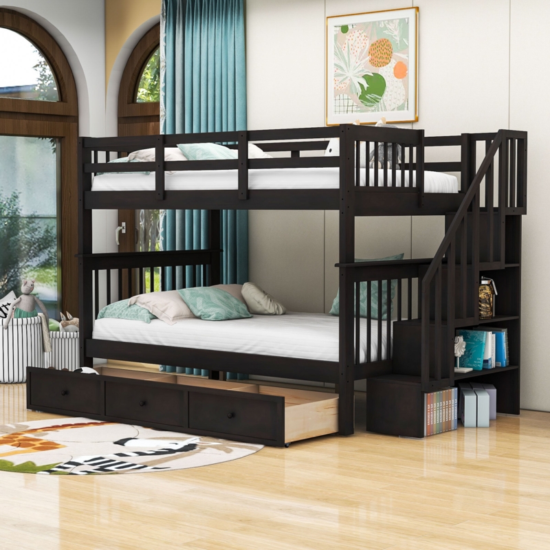 Harolene Kids Full Over Full 3 Drawers Wood Bunk Bed with Shelves