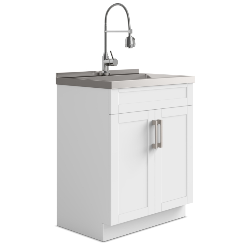 Hennessy Transitional 28 inch Deluxe Laundry Cabinet with Faucet and Stainless Steel Sink in White