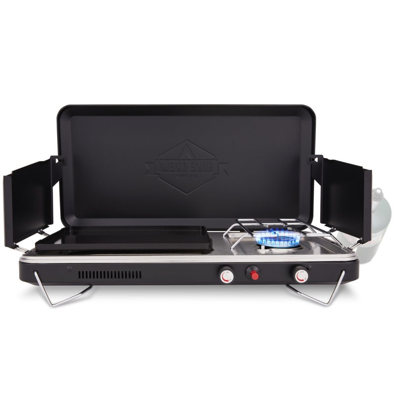 Hike Crew 2-in-1 Gas Camping Stove | Portable Propane Grill/stove Burner W/ Integrated Igniter & Stainless Steel Drip Tray | Built-in Carrying Handle, Foldable Legs & Wind Panels | Includes Regulator