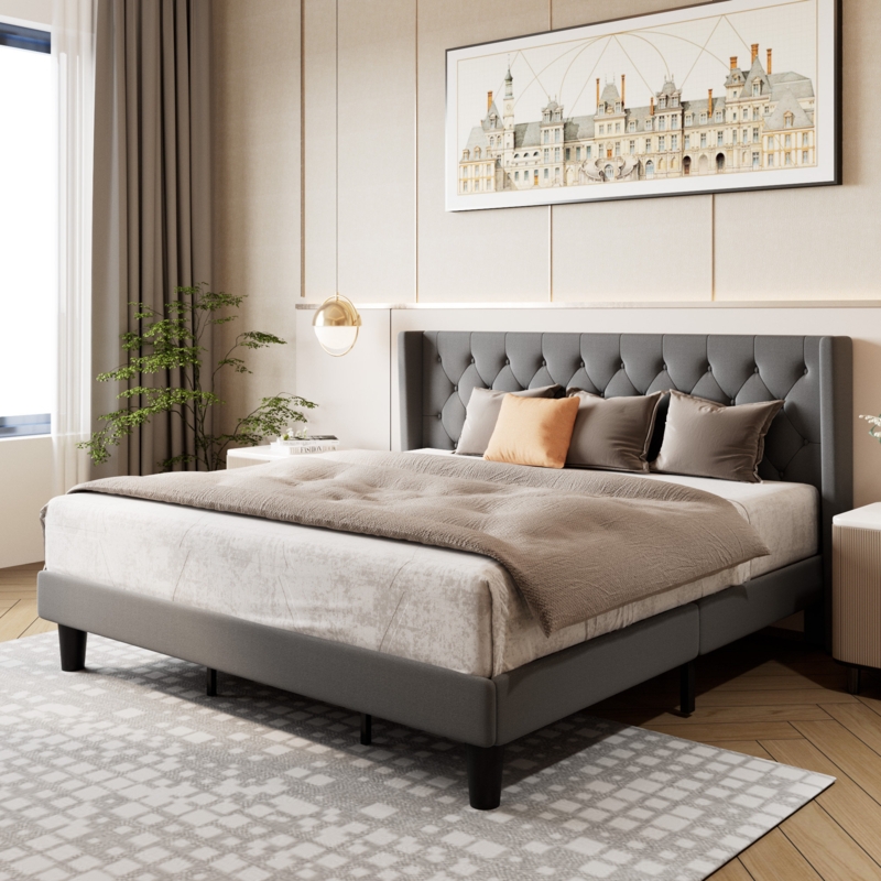 Hilbert Upholstered Low Profile Platform Bed Frame with Headboard