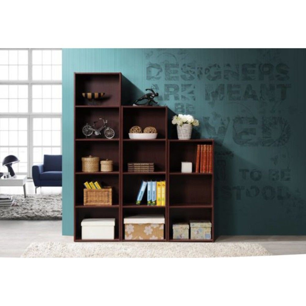 Hodedah 12 x 16 x 60 Inch 5 Shelf Bookcase and Office Organizer Solution for Living Room, Bedroom, Office, or Nursery, Mahogany Wood Finish