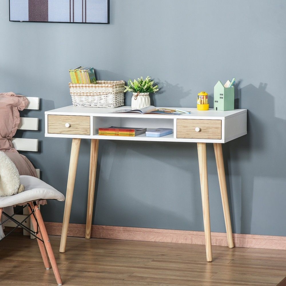HOMCOM Kids Wooden Work Study Desk Makeup Vanity and Writing Computer Table with Storage Drawers & Pinewood Legs, White and Natural
