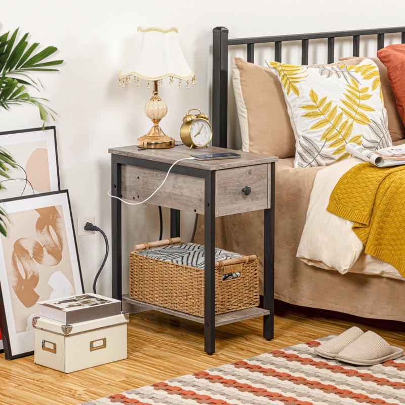 Huspon 24" End Table with Storage and Built-In Outlets