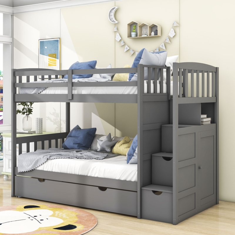 Ikher Twin over Twin/Full 3 Drawers Wood Bunk Bed with Shelves by Harriet Bee