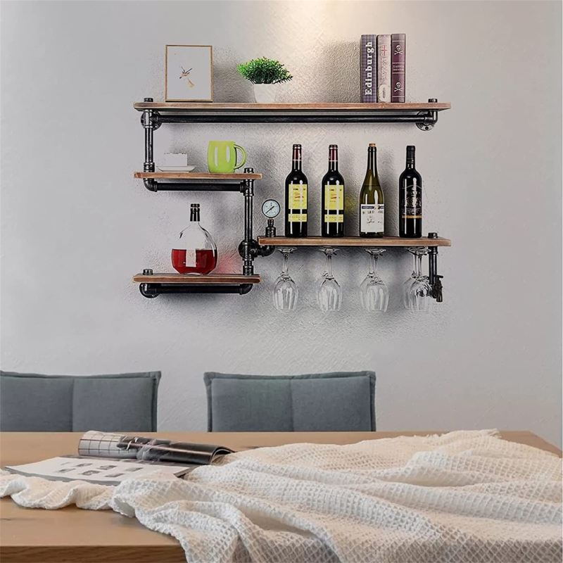 Industrial Wine Racks Wall Mounted Shelf Rack Bottle Holder With 4 Stem Glass Holder