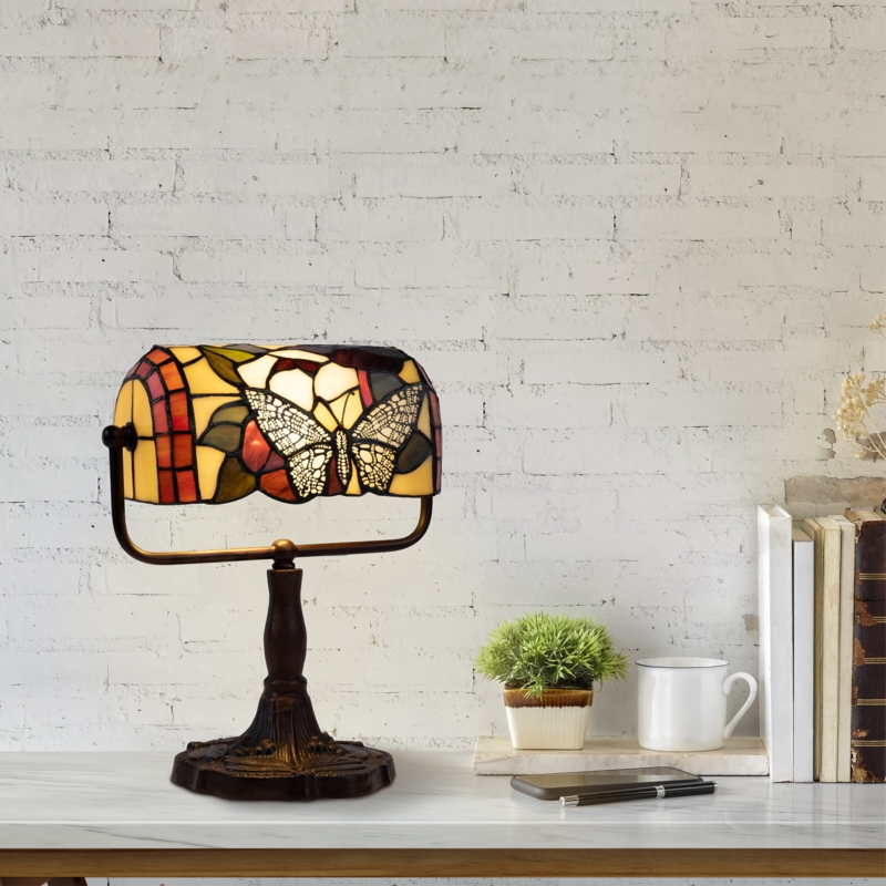 Ingrid 12" Tiffany Style Bankers Lamp-Stained Glass Butterfly Design Table or Desk Light