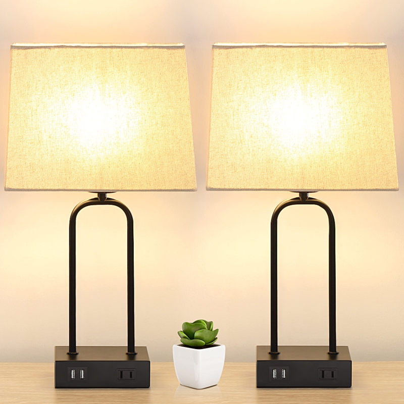 Jaira 18 in. Black Metal Table Lamp Set with Dual USB Ports and Built-in Outlet