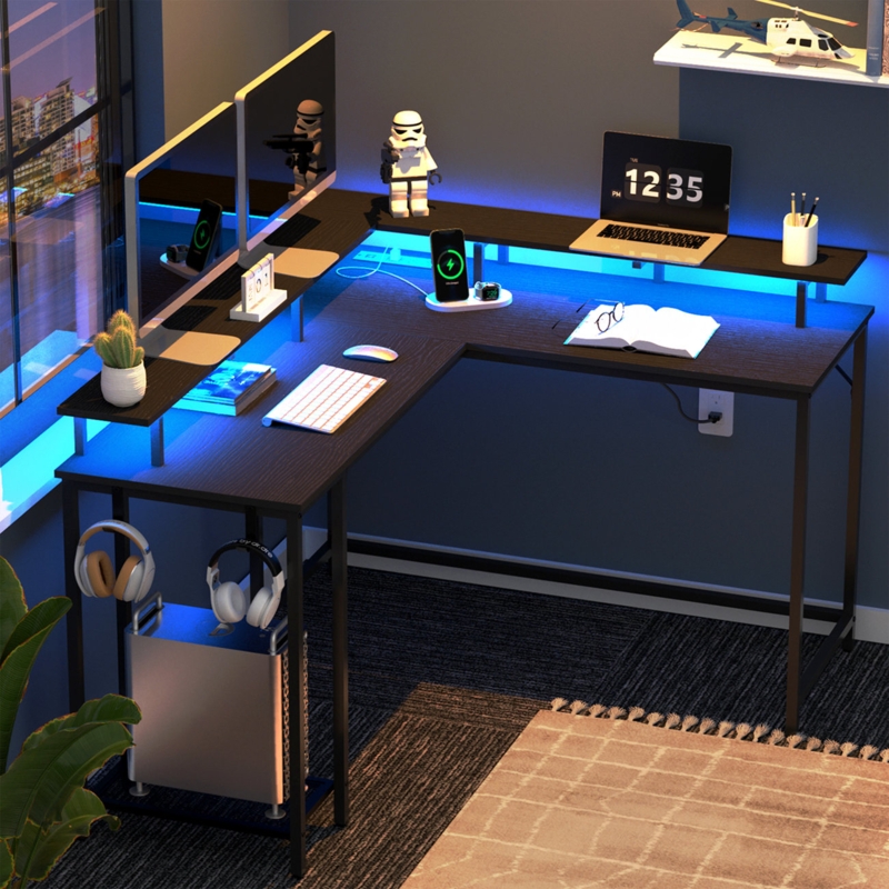 Kamai 54" L Shaped Computer Desk for Home Office Gaming Desk with LED Built-in Outlets with Storage Shelf
