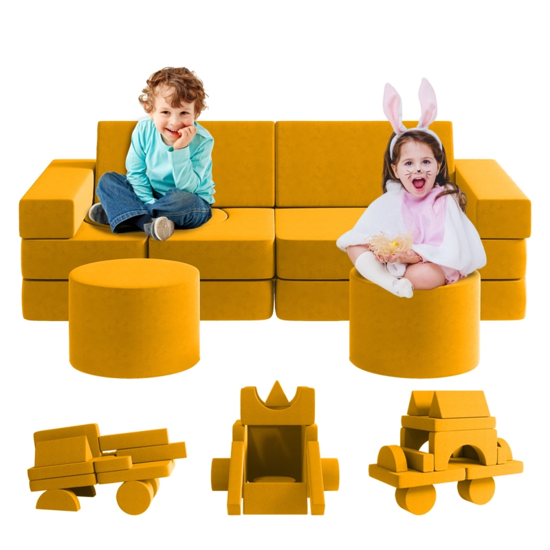 Kids Couch 13PCS, Modular Toddler Couch with 2 Ottomans, Fold Out Kids Couch for Playroom Bedroom
