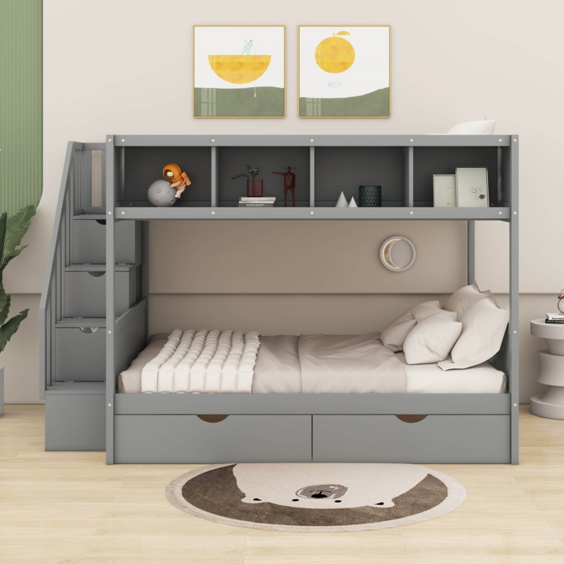 Kids Twin Over Full Bunk Bed with Shelves, Storage Staircase and 2 Drawers