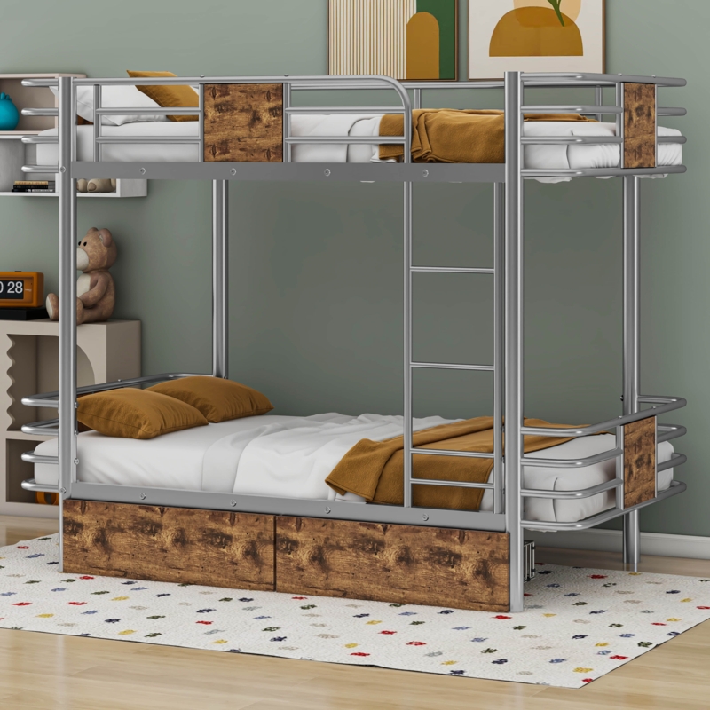 Kids Twin XL over Twin XL Metal Bunk Bed with Two Drawers