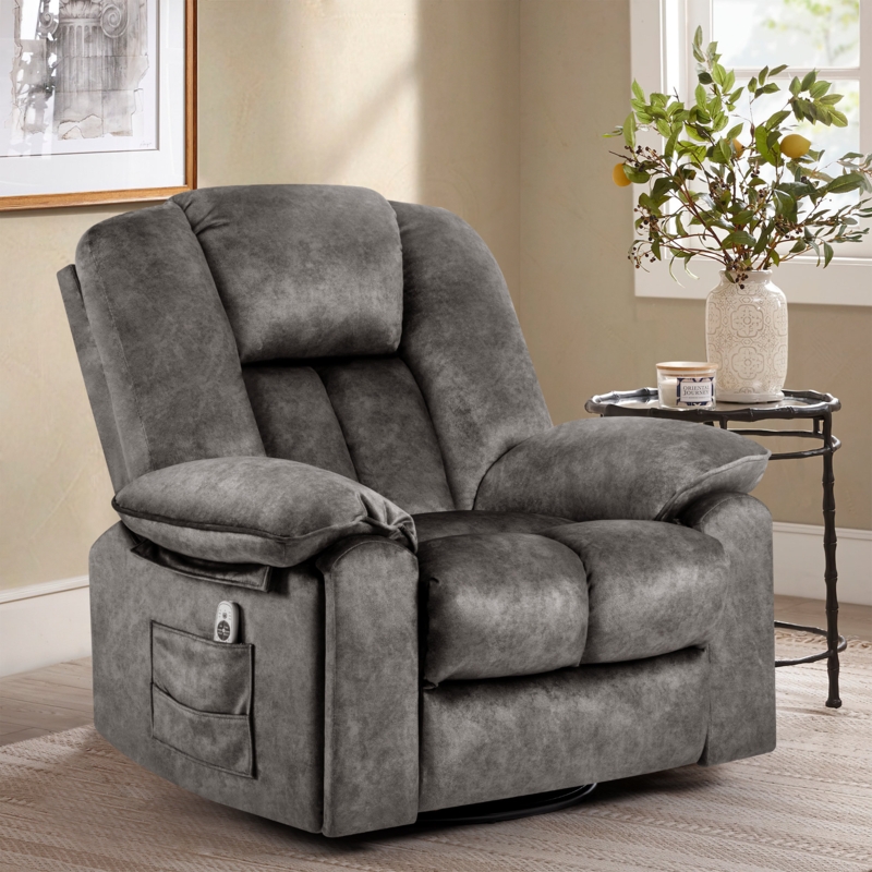 Kimbereley Modern Oversize Big Man 41" Wide Velvet 360 degree Swivel Rocker Manual Recliner Chair with Heating and Massage