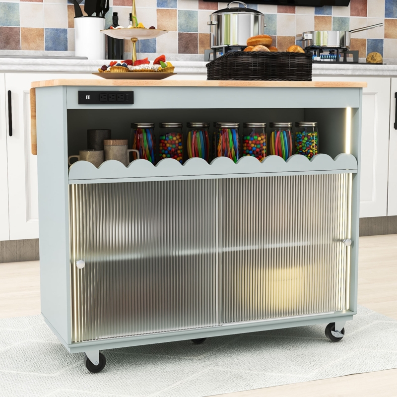 Kitchen Cart on Wheels with Drop Leaf, 2 Cabinet and Shelf
