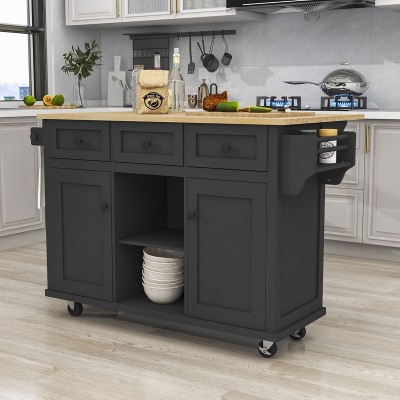 Kitchen Cart with Rubber Wood Drop-Leaf Countertop, Kitchen Island with Storage Cabinet and 3 Drawer