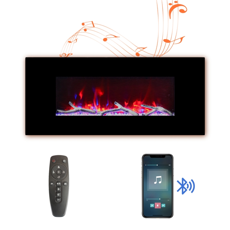 Kleber Wall Mounted Electric Fireplace with Bluetooth Speakers and 3 Colors LED Light