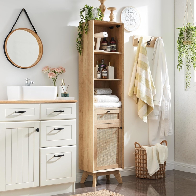 Kylann Rattan Freestanding Bathroom Cabinet with Drawer u0026 Adjustable Shelves
