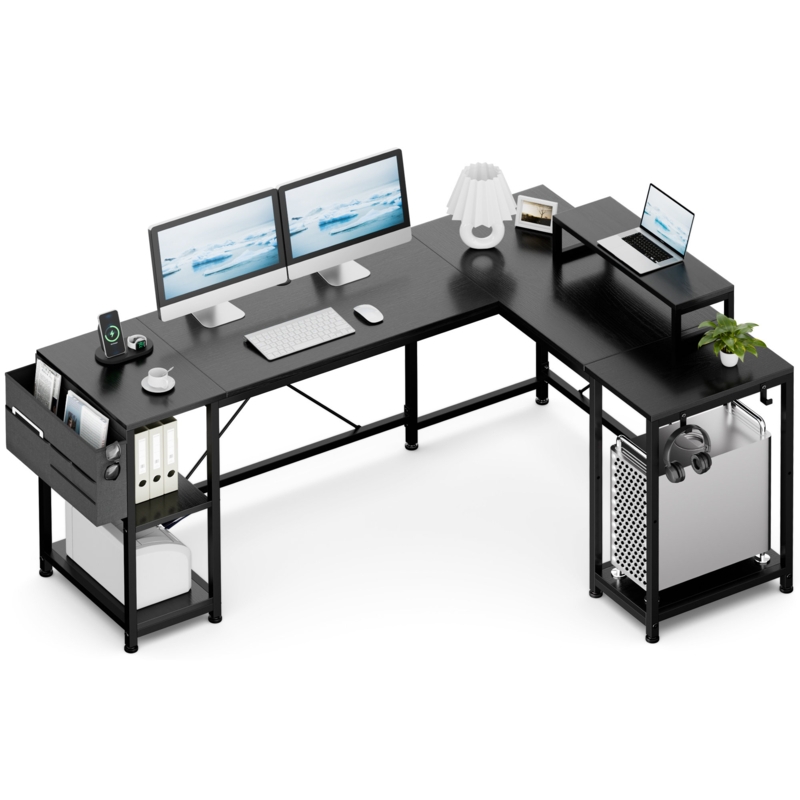 L Shaped Desk with Shelves 95 Inch Reversible Corner Computer Desk or 2 Person Long Table