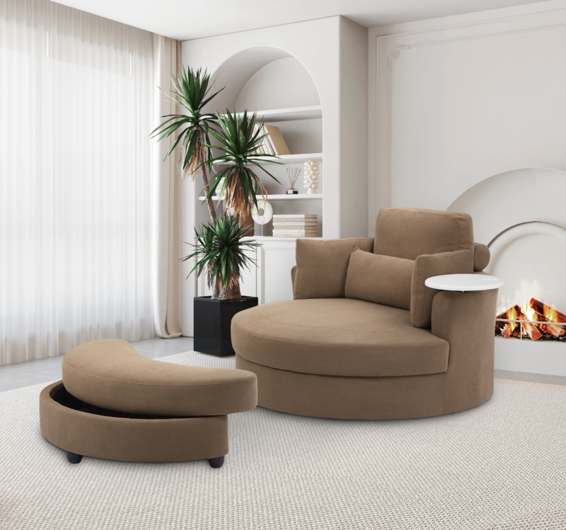 Lasean Upholstered Swivel Barrel Chair with Ottoman
