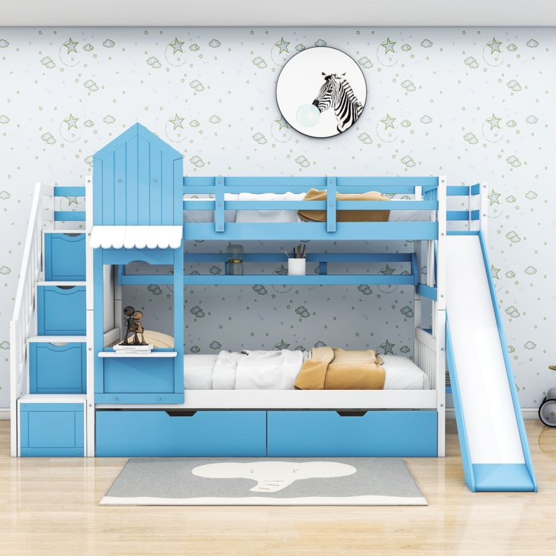 Leedey Castle Style Wood Bunk Bed with 2 Drawers 3 Shelves and Slide by Harper Orchard