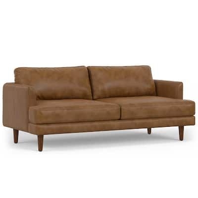 Livingston Mid-Century Modern 76 in. Wide Sofa in Caramel Brown Genuine Leather