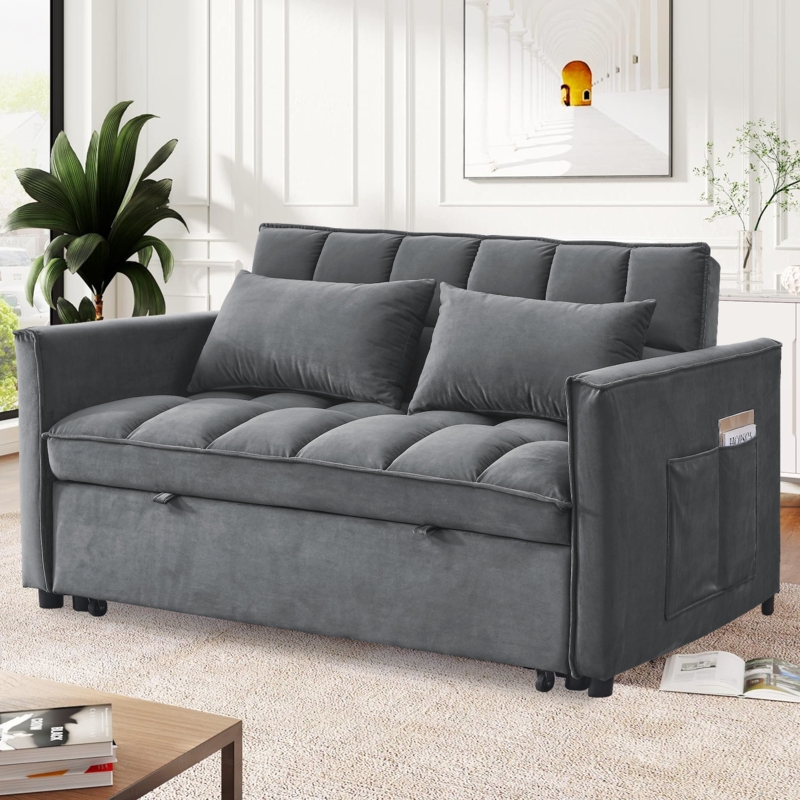 Lonara Convertible Sofa Bed With Adjustable Backrest,2 Pillows And Convenient Side Pockets