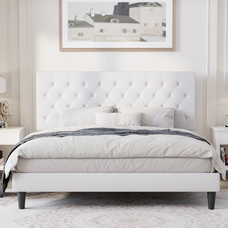 Low Profile Linen or Faux Leather Upholstered Bed