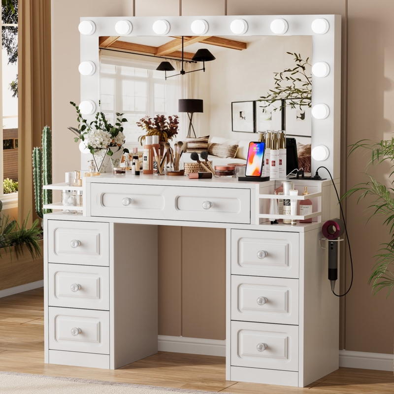 Lunell Farmhouse Makeup Vanity Desk with Lighted Mirror u0026 Power Outlet