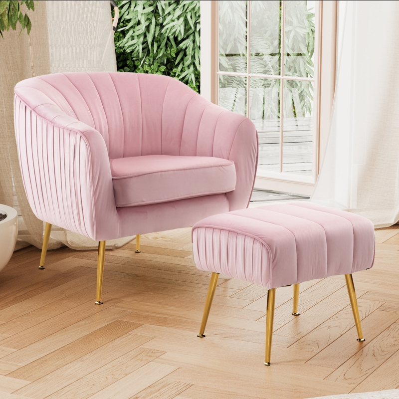 Mercer41 Velvet Accent Barrel Chair With Ottoman