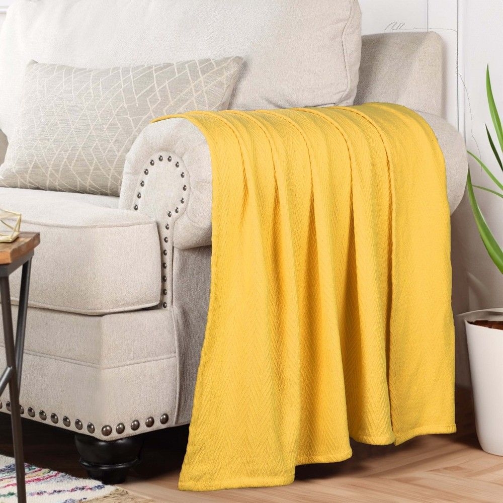 Metro Zig-Zag Chevron Cotton Blanket, Throw, Gold - Blue Nile Mills