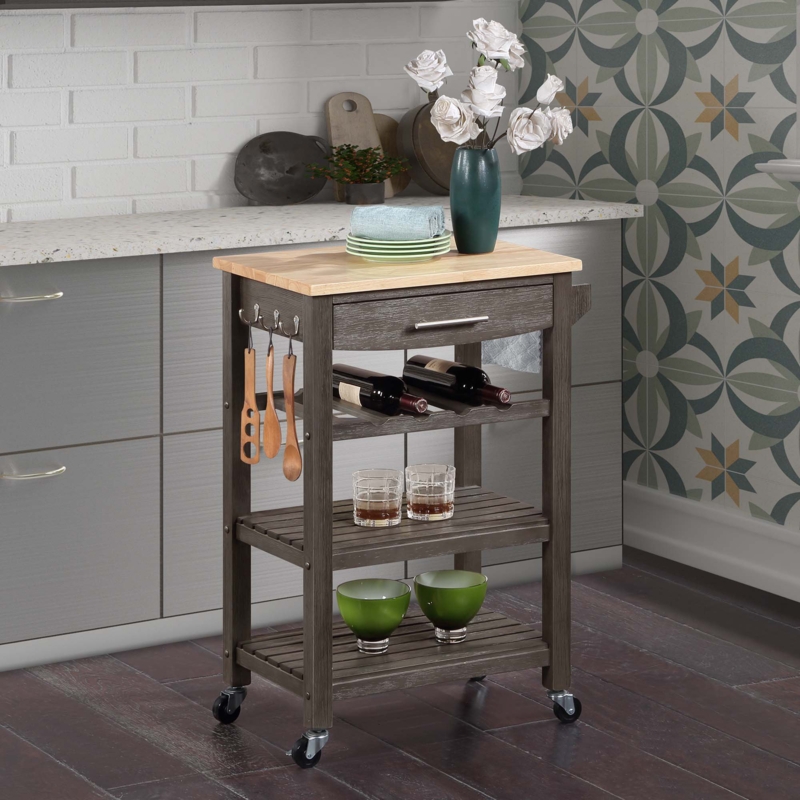 Michelle 4 Tier Butcher Block Kitchen Cart with Drawer and Wine Rack