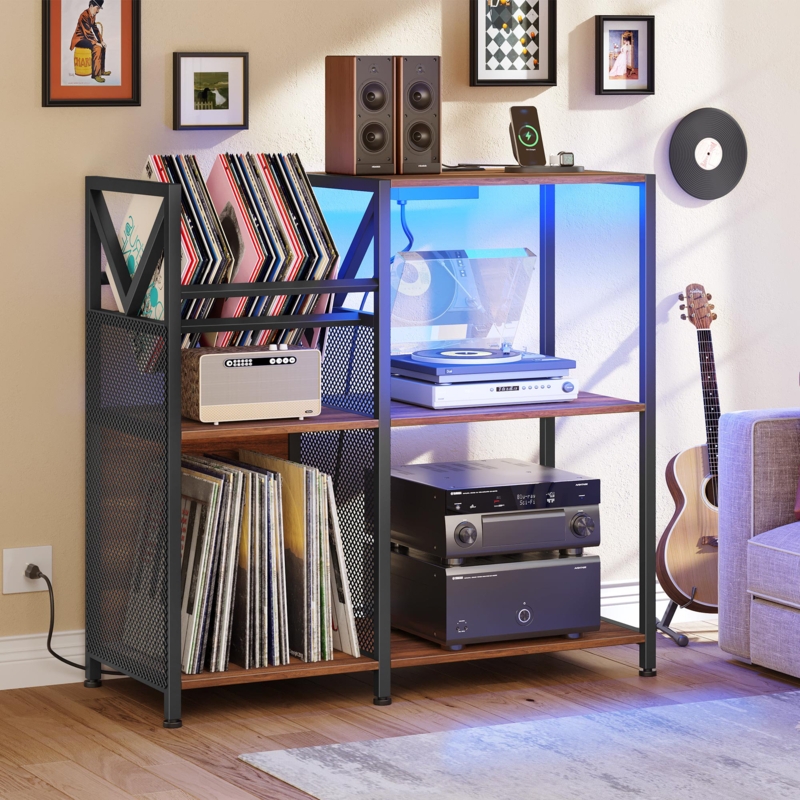 Miele Record Player Storage Cabinet Table Stand with Power Outlets u0026 LED Light Turntable Stand