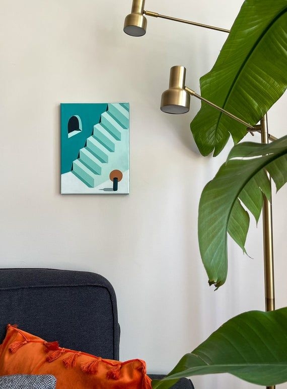 Minimalist Modern Architecture Staircase Acrylic Painting, Aqua Blue Mint Green