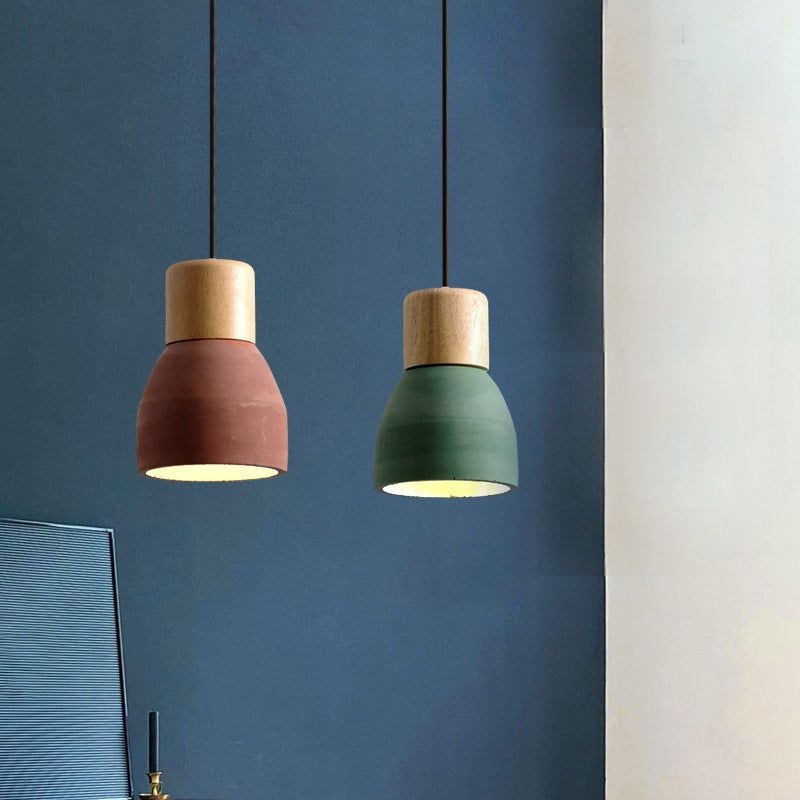 Modern Artistic Single Pendant Light Wooden Geometric Hanging Lamp with Cement Shade - Grey