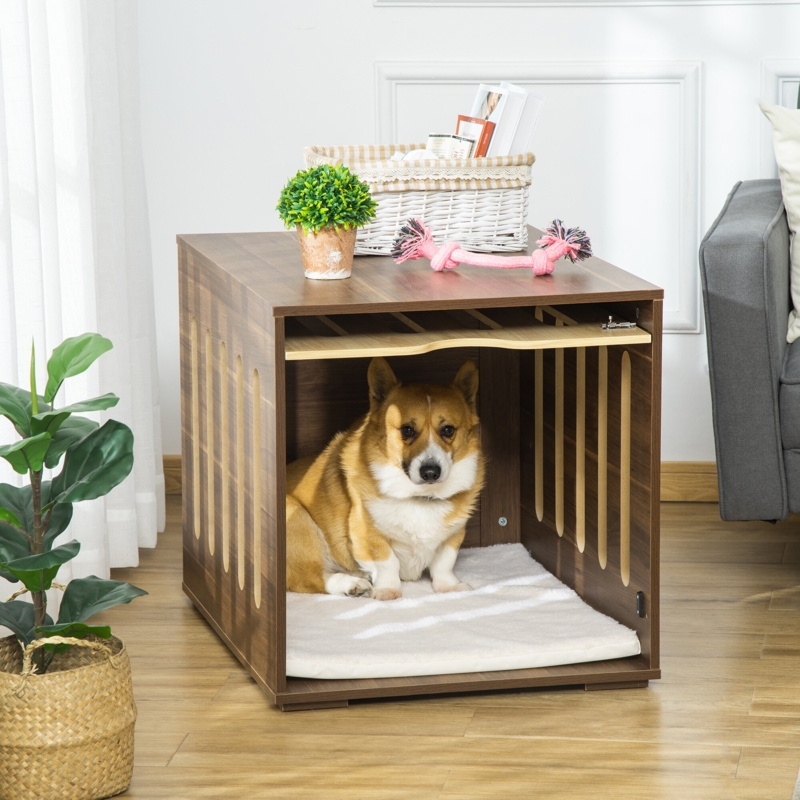 Monique Furniture Style Dog Crate End Table Decorative Puppy House With Soft Cushion, Side Holes, Removable Door Panel, Safety Lock, Indoor Use, For Small u0026 Medium Dogs, Brown