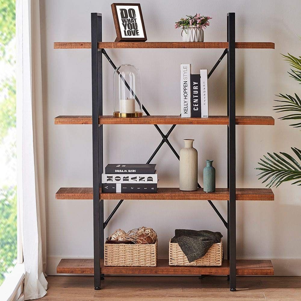 Natural Real Wood Bookshelf, 4 Tier Rustic Vintage Industrial Etagere Bookcase, Open Metal Farmhouse Solid Wooden Book Shelf