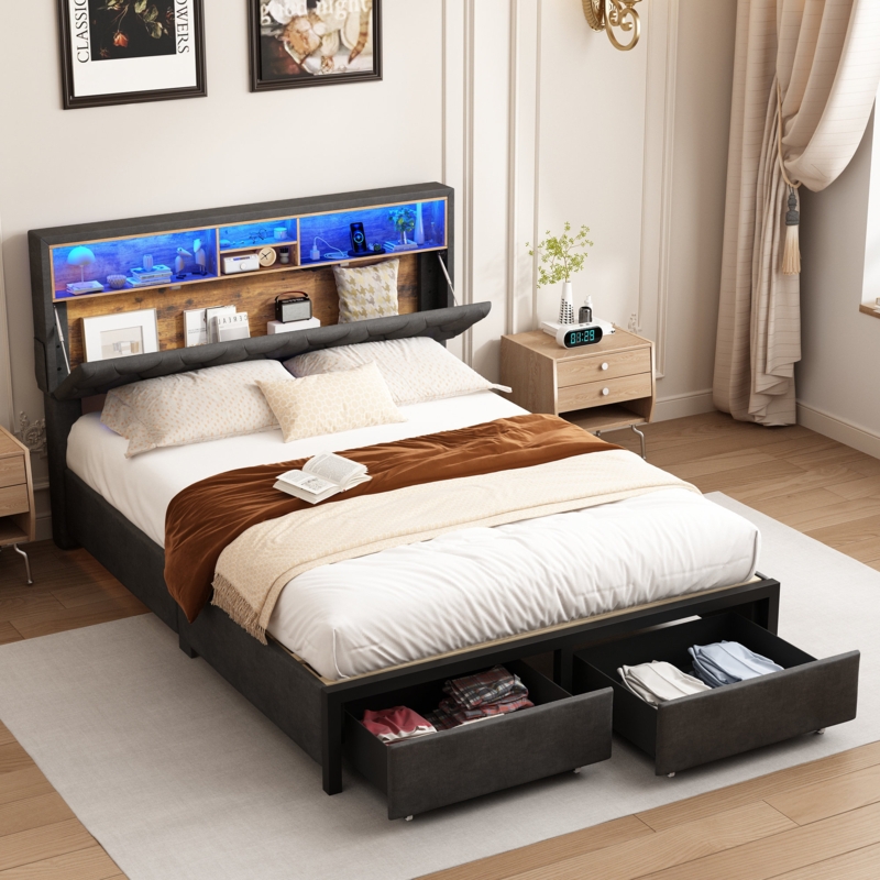 Nihash queen Upholstered Storage Bed frame with LED lights and USB Power Strips