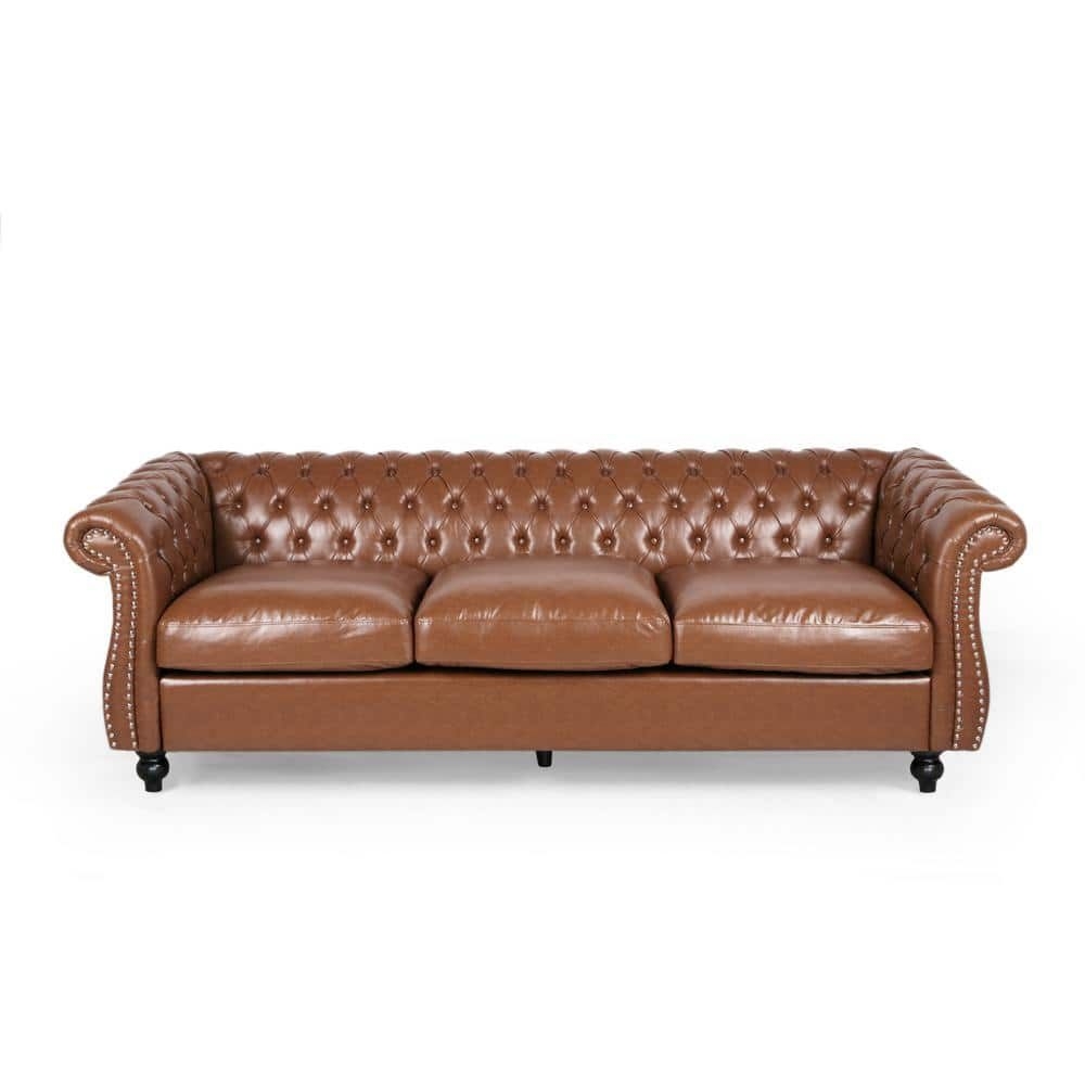 Noble House Somerville 84.5 in. Cognac Brown Solid Faux Leather 3-Seat Chesterfield Sofa with Removable Cushions