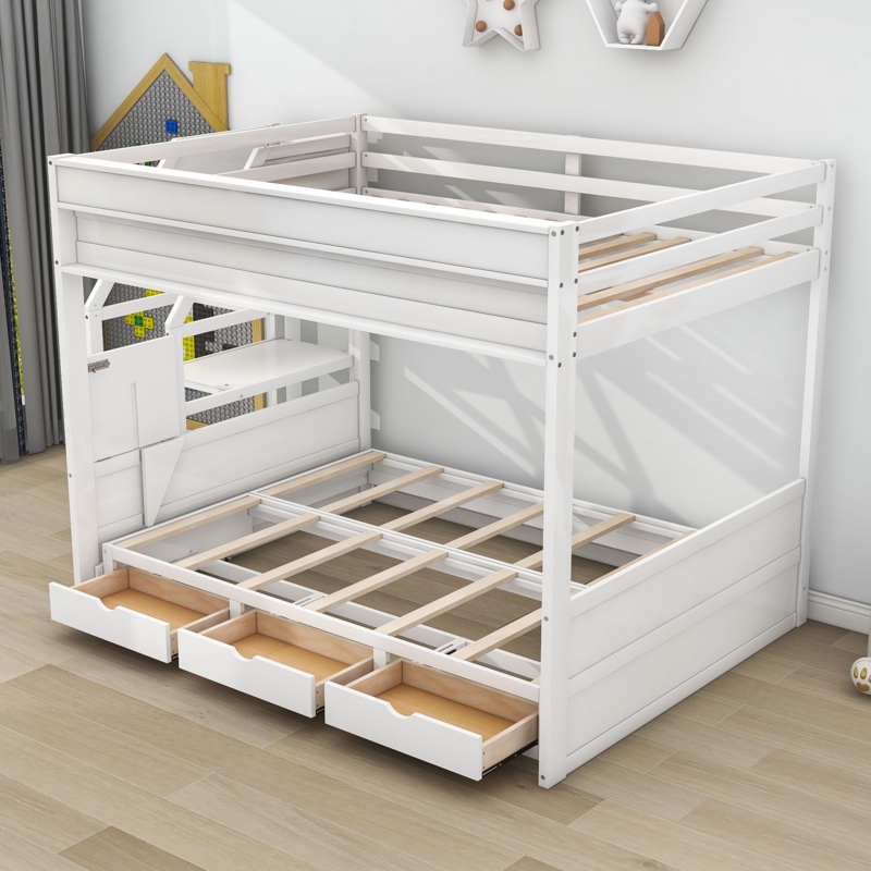 Orkin Full Over Full Size Wood Bunk Bed with Staircase,Table and 3 Drawers