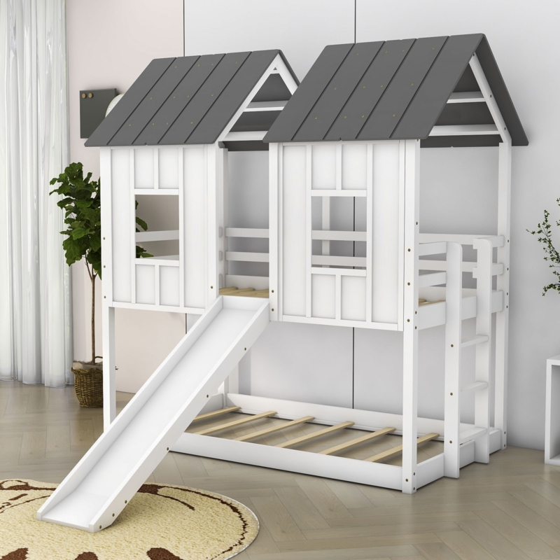 Ortrun Twin Over Twin House Bunk Bed with Slide