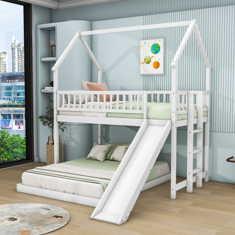 Parlier Kids Twin Over Full Wooden House Bunk Bed with Slide