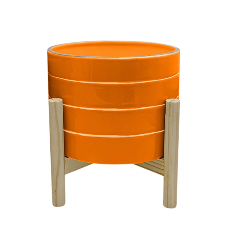 Planter on Stand - Ceramic Planter on Wooden Base - Contemporary Striped Design