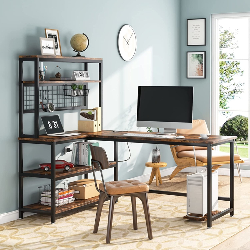 Plovdiv 55" Large Computer Desk L-Shaped Desk with Wireless Charging and Bookshelf for Home Office