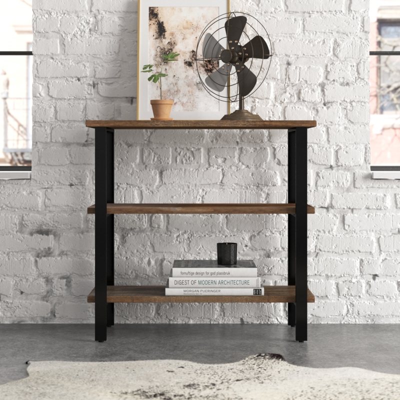 Pomona 32" Wide Rustic Industrial Solid Wood And Metal Frame Rectangular Bookcase With 2 Shelves